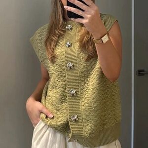 Zara Olive Green Knit Sleeveless Vest with Silver Accent